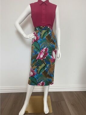 Fay Tropical Midi Skirt in Teal and Pink with Elastic Waist